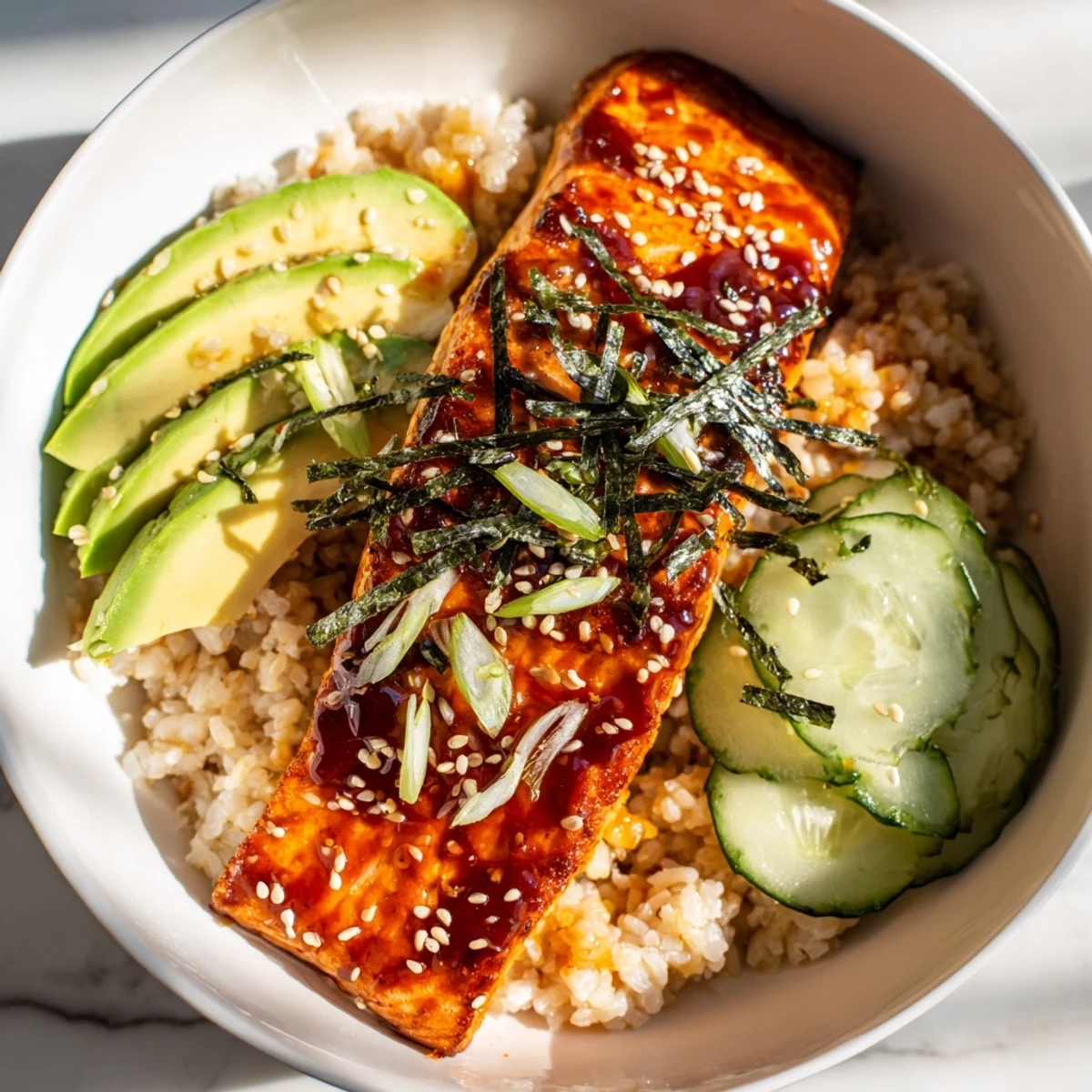 A flavorful Emily Mariko-Inspired Sticky Orange Gochujang Salmon Bowl, ready to eat, with bright orange sauce glistening.
