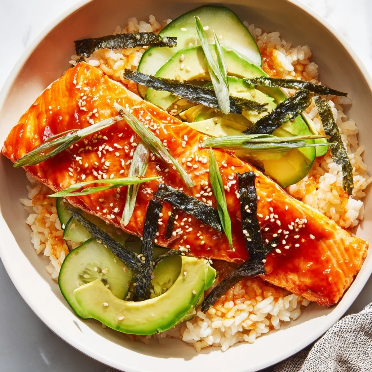Freshly prepared Emily Mariko-Inspired Sticky Orange Gochujang Salmon Bowl: vibrant colors of avocado, nori, and flaky salmon.