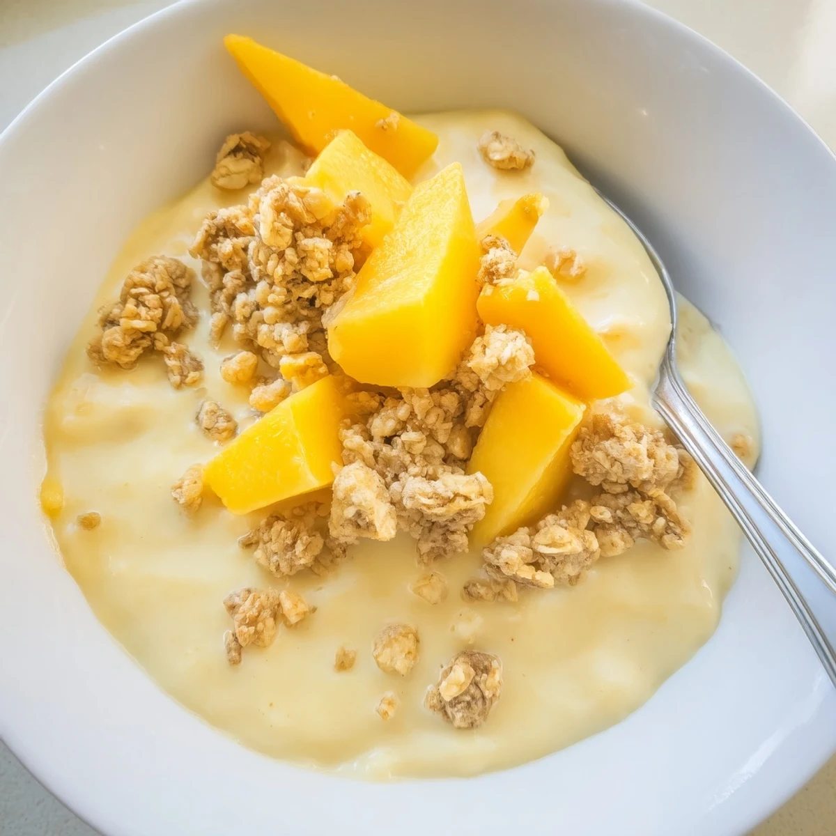 Smooth, blended Mango Overnight Oats topped with golden granola, ready for a delicious breakfast.