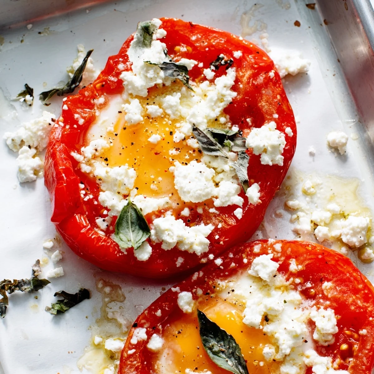 Juicy grape tomatoes and creamy feta surround perfectly baked Tomato Feta Eggs ready to serve on a sheet pan.
