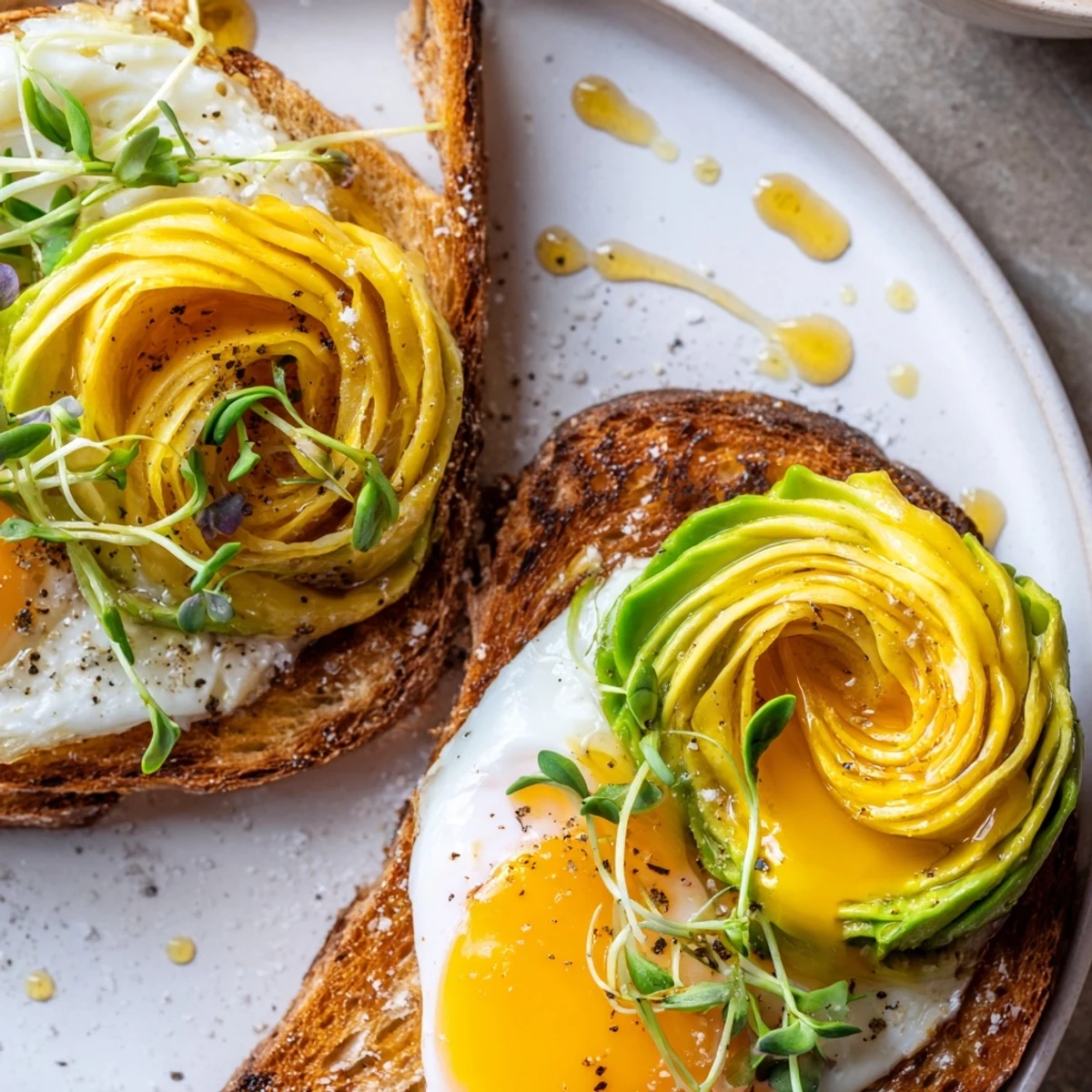 Golden Cloud Toast 2.0 topped with a creamy avocado rose, ready to eat for breakfast.
