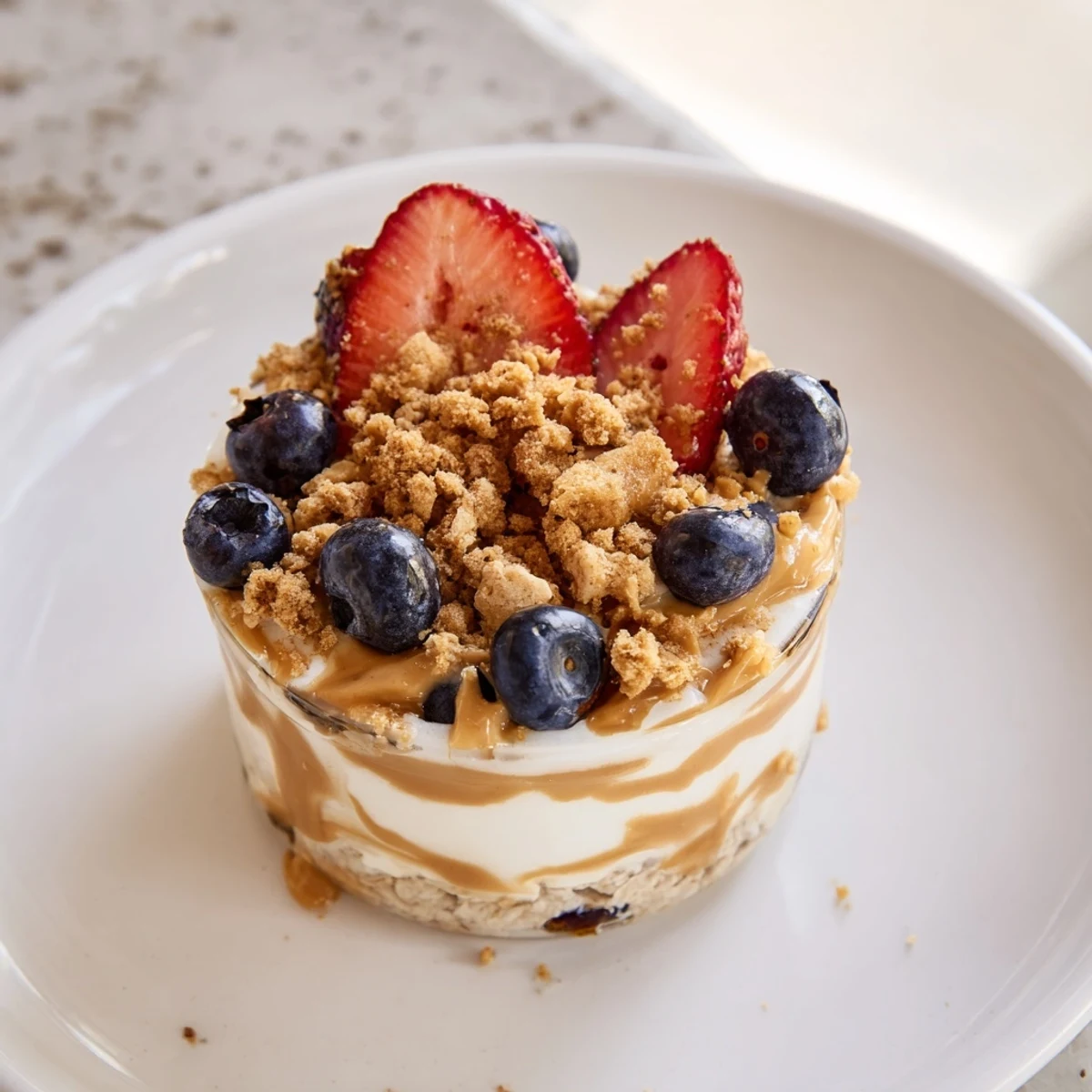 Decadent overnight oats makeover, swirled with peanut butter and berries, ready for a flavorful breakfast.