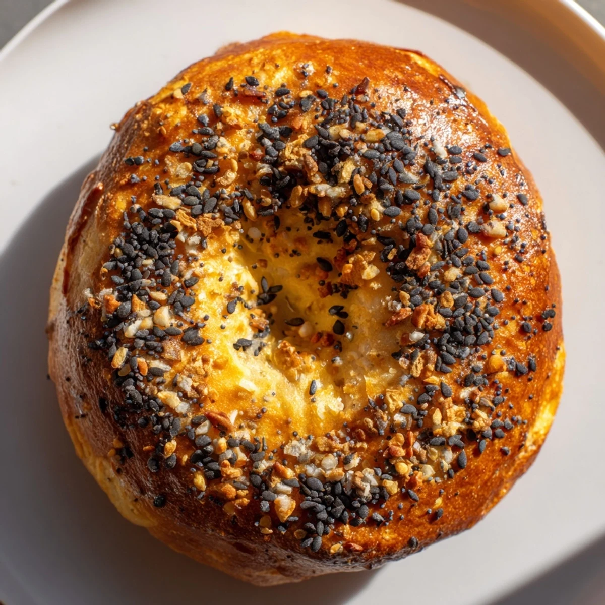 Perfectly golden Everything Bagel Yogurt Bagels, fresh from the oven, ready for cream cheese.
