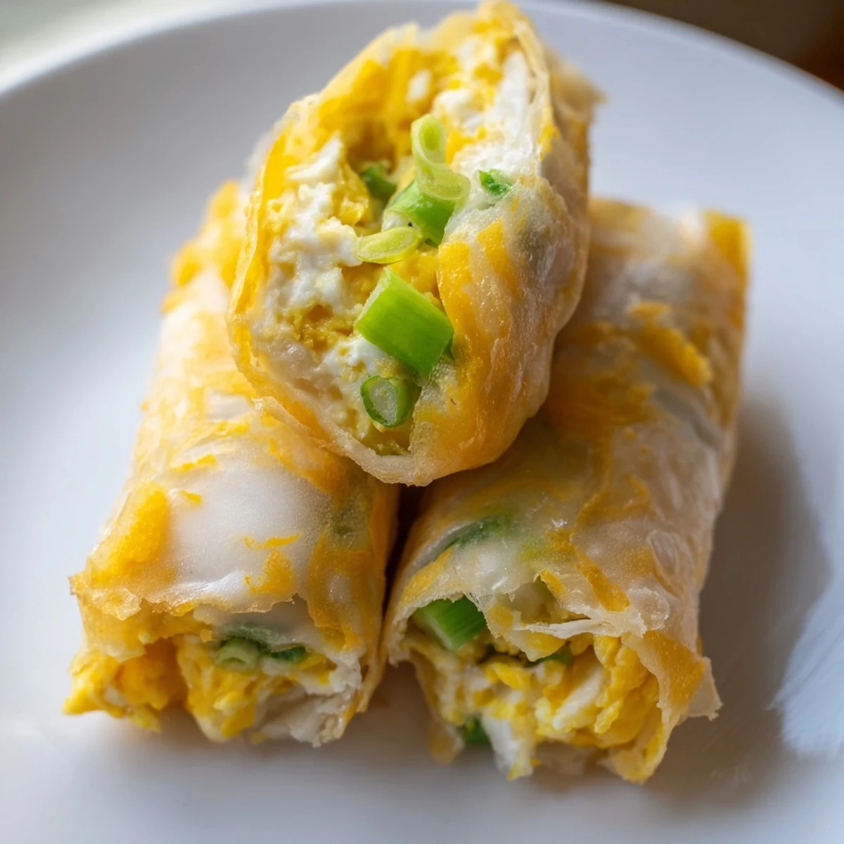 Golden-brown Rice Paper Egg & Cheese Fold, with melted cheese and fresh scallions served hot.
