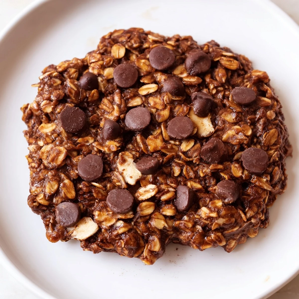 Golden-brown chocolate oatmeal breakfast cookie, with visible chocolate chips, a delicious morning treat.