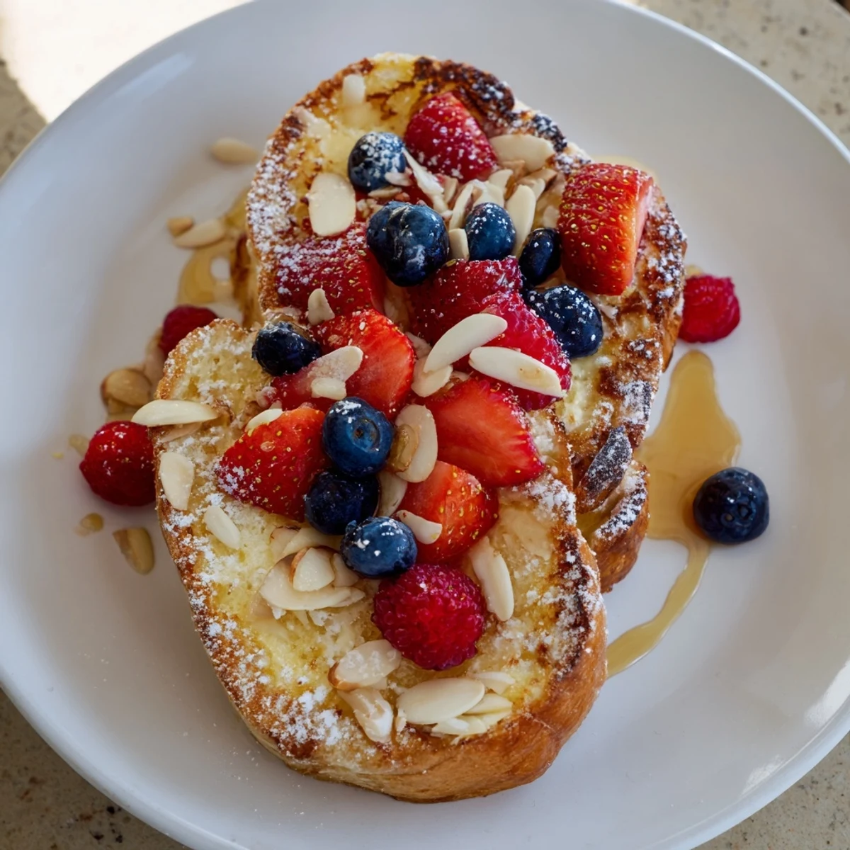 Warm, custardy center of Custard Toast, topped with berries and drizzled with honey, ready to enjoy.