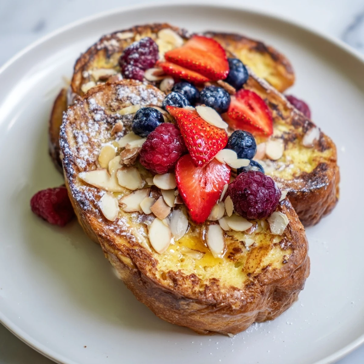 A close-up of fluffy Custard Toast slices, perfect for brunch with a creamy, egg-yogurt base.
