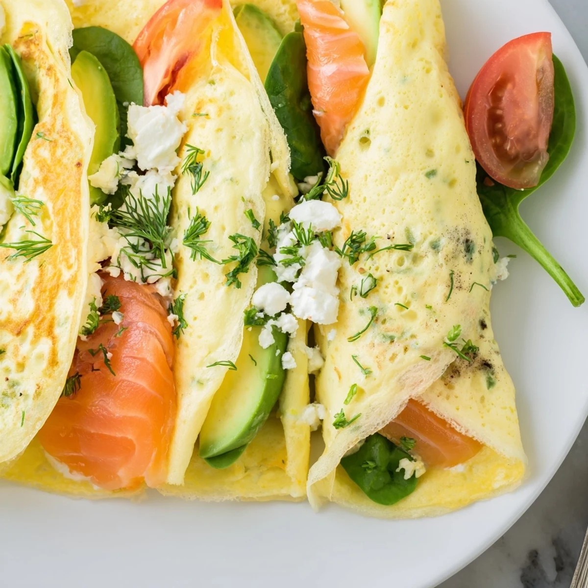 Fluffy, golden Blender-Egg Crepe Wrap, filled with savory smoked salmon and creamy avocado slices.