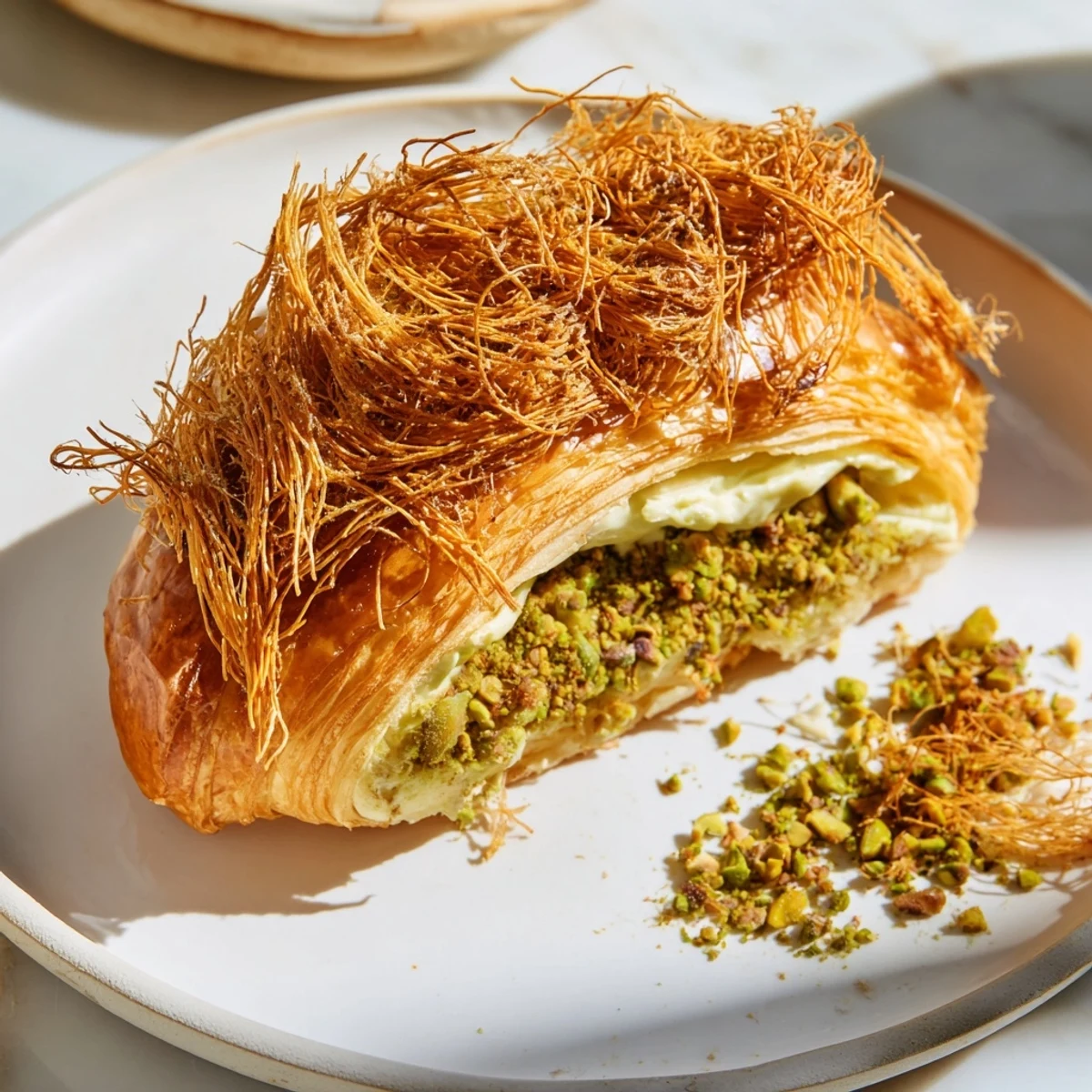 Flaky Pistachio Cream Croissants, a golden pastry with a creamy filling, perfect for a special breakfast.