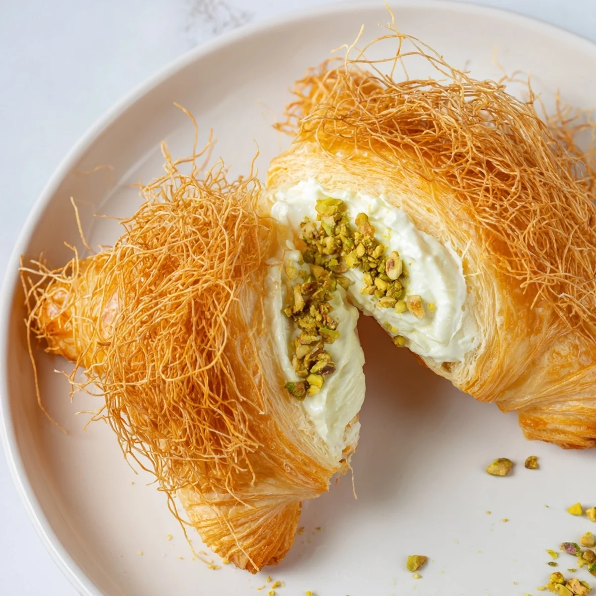 Warm, buttery Pistachio Cream Croissants: a delicious French pastry filled with sweet pistachio cream.