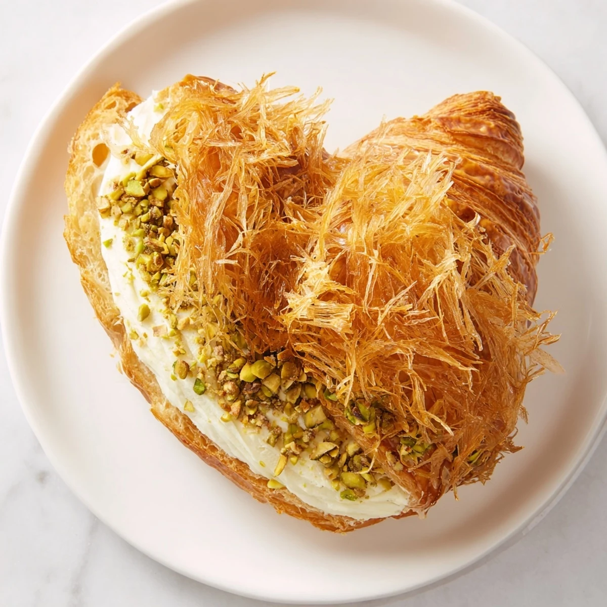 Close-up of baked Pistachio Cream Croissants: crispy phyllo tops contrast with the green, smooth cream filling.