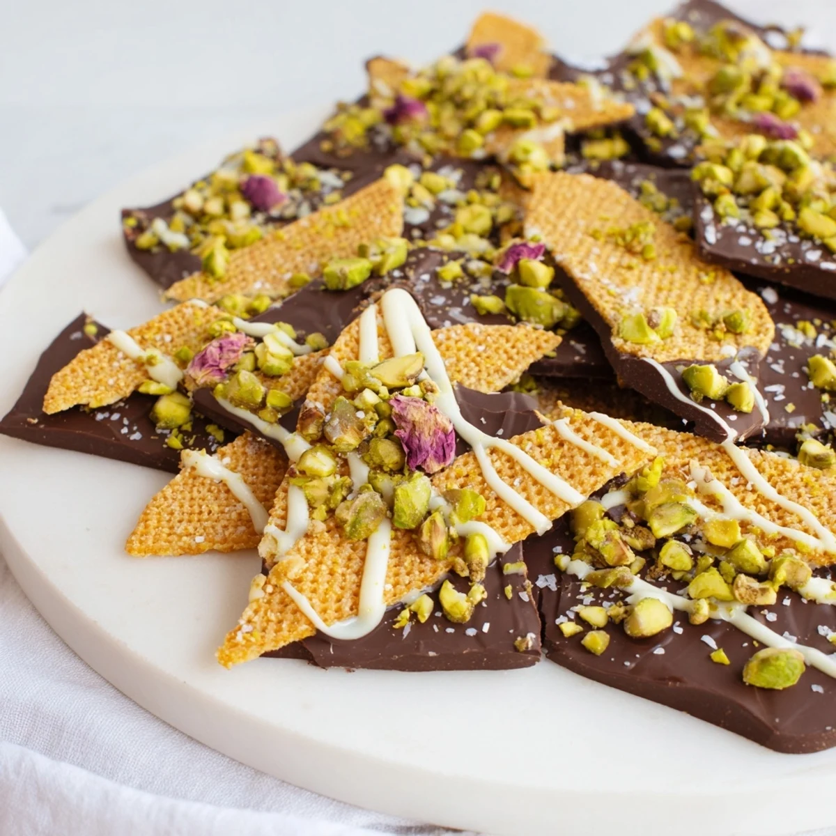 A close-up of Pistachio Dubai Chocolate Bark, glistening with melted white chocolate and pistachios.