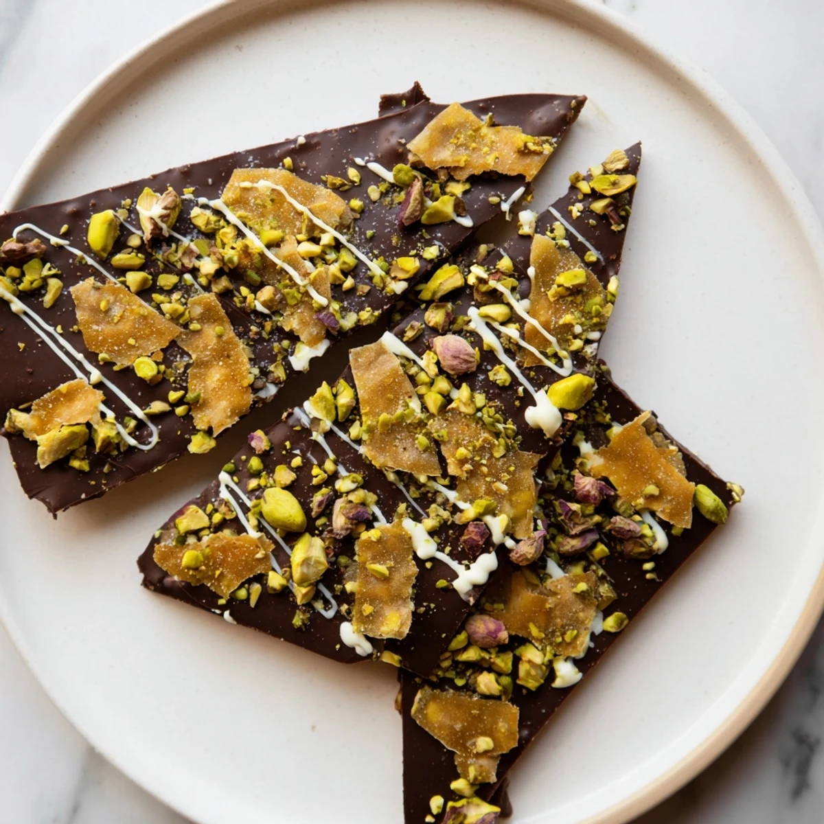 Enjoy a piece of Pistachio Dubai Chocolate Bark; a decadent treat with flaky pastry, nuts, and chocolate.