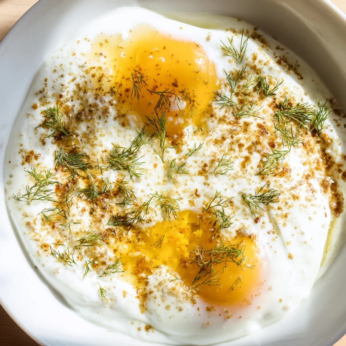 Cilbir recipe: Discover a vibrant plate of Turkish Cilbir, accented with fresh dill, ready to enjoy for brunch.