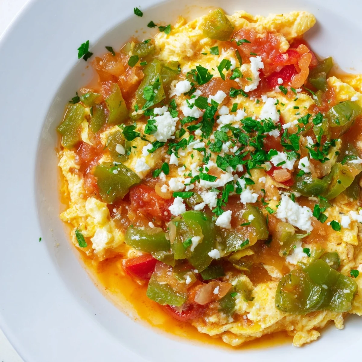 Vibrant Turkish Menemen with soft scrambled eggs, tomatoes, and peppers, perfect for a flavorful breakfast.