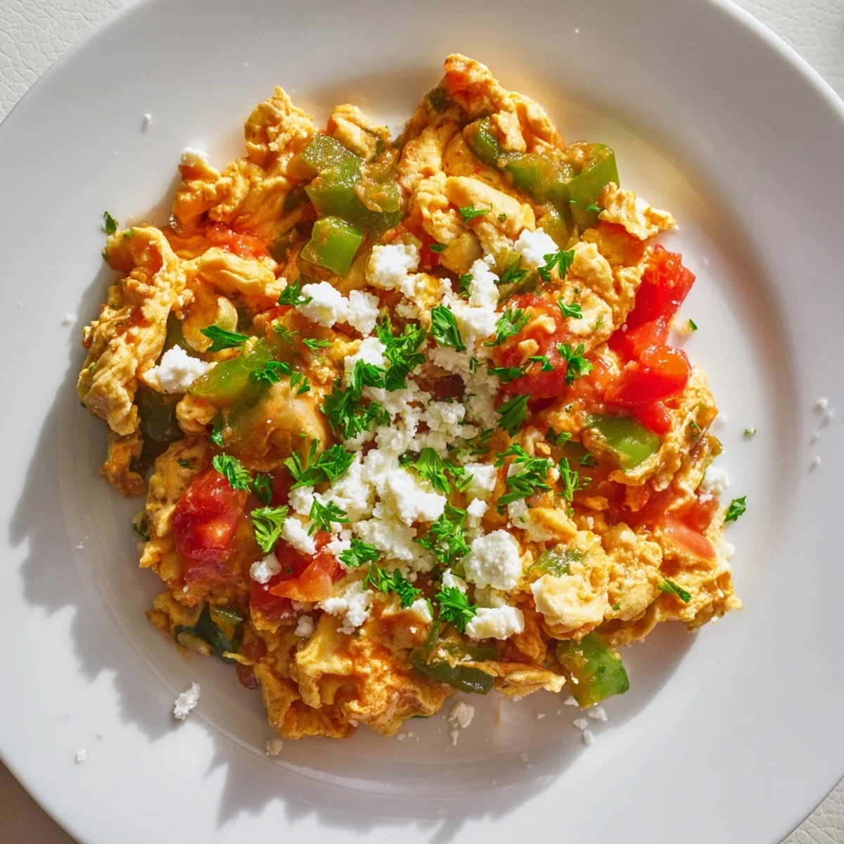 A hearty bowl of Turkish Menemen, a colorful and satisfying breakfast with fresh herbs and crumbled feta.