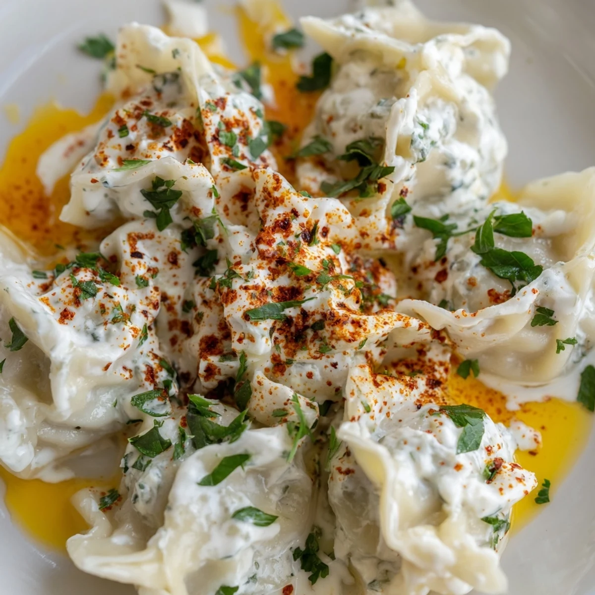 Steaming hot Turkish cheesy manti dumplings, drizzled with flavorful spiced butter and creamy yogurt.