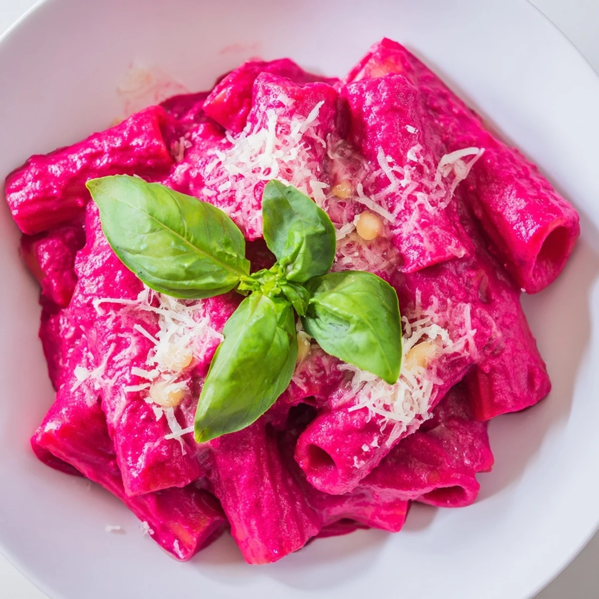 Vibrant pink penne coated in a silky beet cream sauce, garnished with fresh basil and extra Parmesan on a rustic kitchen table.
