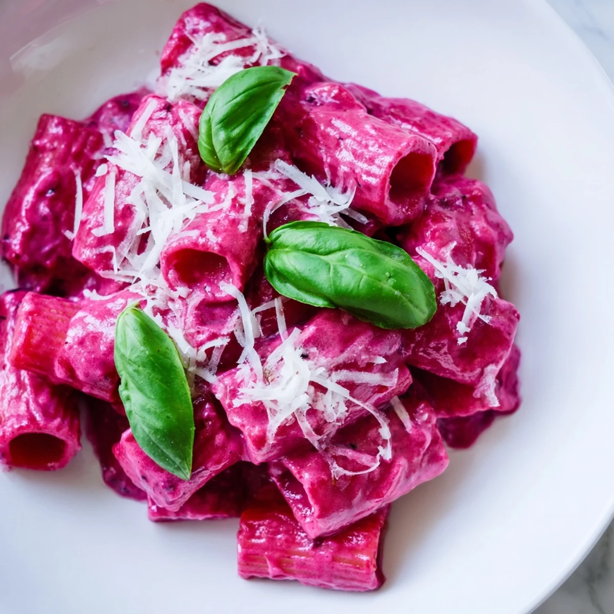 Steaming plate of pink pasta with beet cream, topped with a swirl of Parmesan and a bright lemon wedge for added zest.