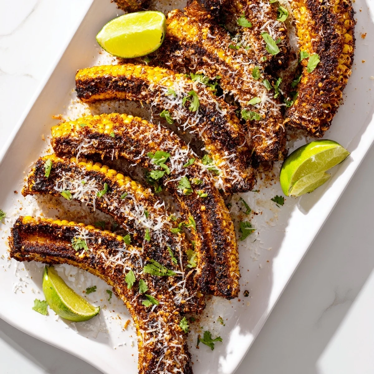 Golden-brown Cheesy Corn Ribs with melted cheddar and Parmesan, garnished with fresh cilantro and lime wedges on a rustic wooden board.