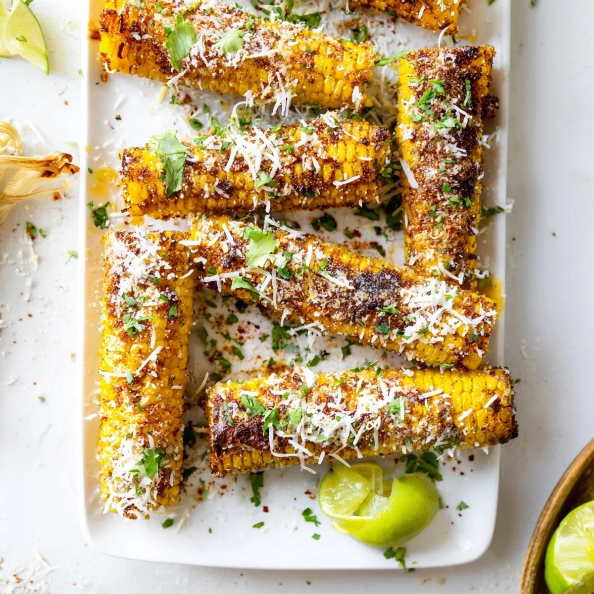 Sizzling Cheesy Corn ribs arranged on a baking sheet, brushed with spiced oil and finished with a squeeze of lime juice.
