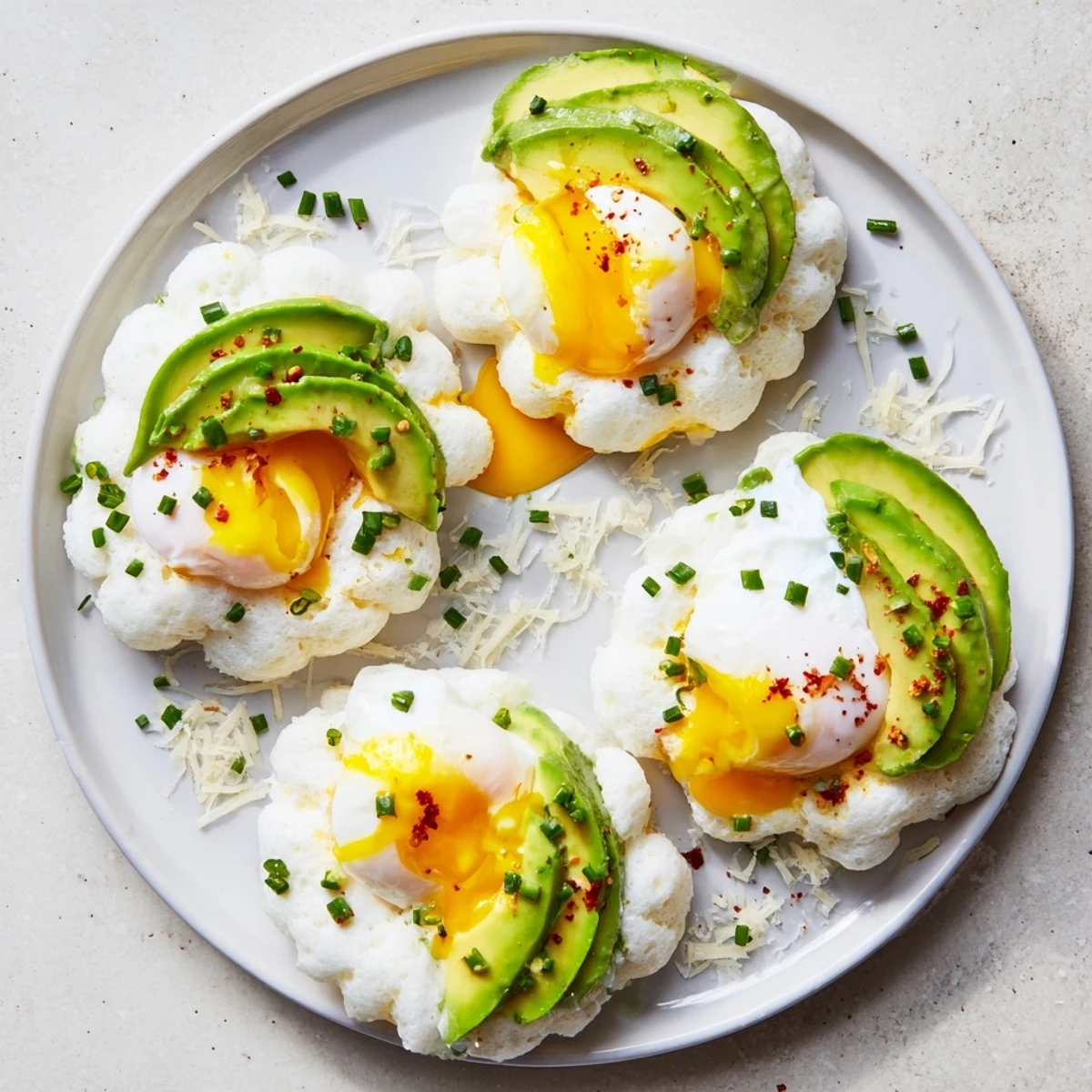 Fluffy Cloud Bread Breakfast Clouds topped with creamy avocado slices and a perfectly poached egg on a rustic plate.