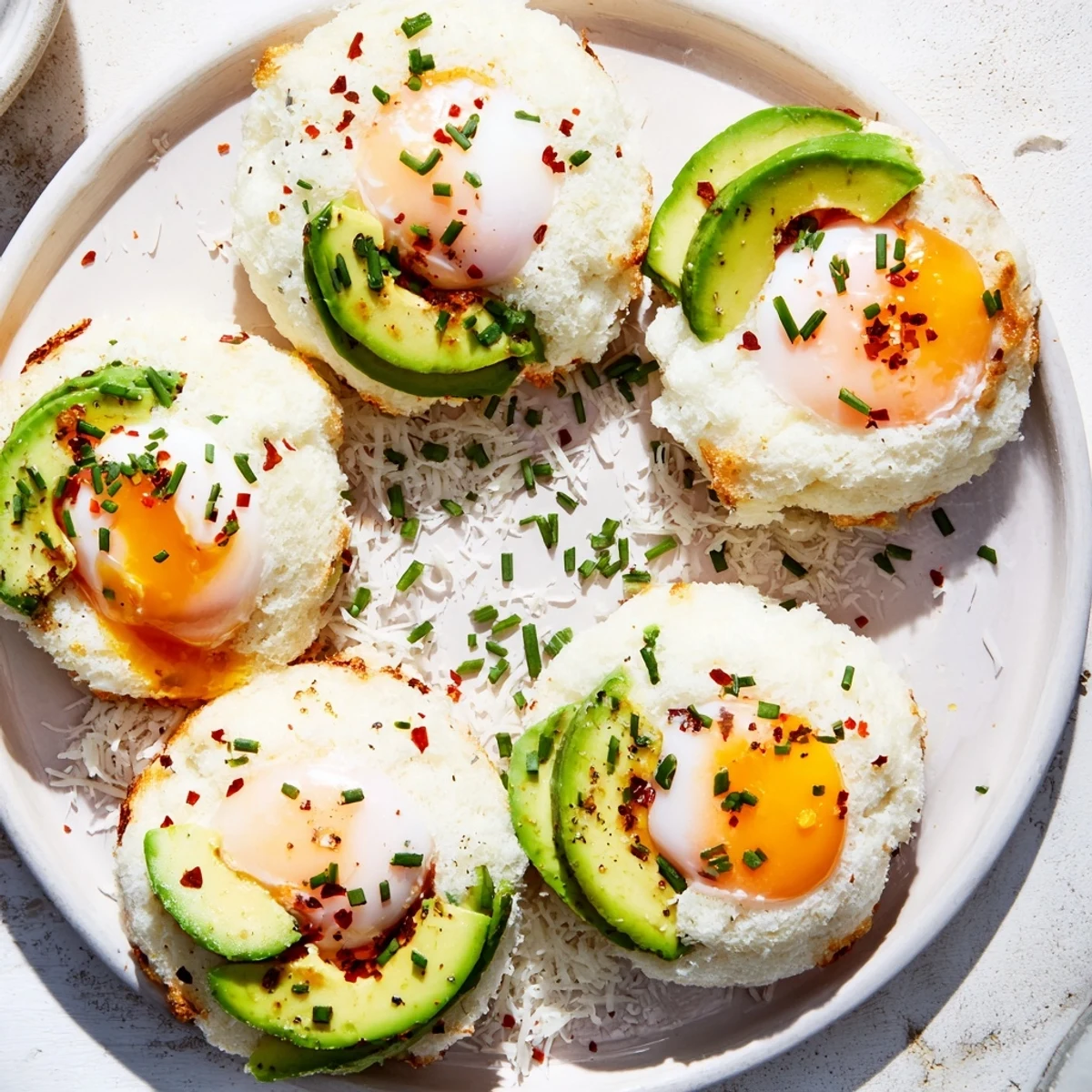 Serve these protein-rich Cloud Bread Breakfast Clouds for a light, gluten-free morning meal, garnished with red pepper flakes.