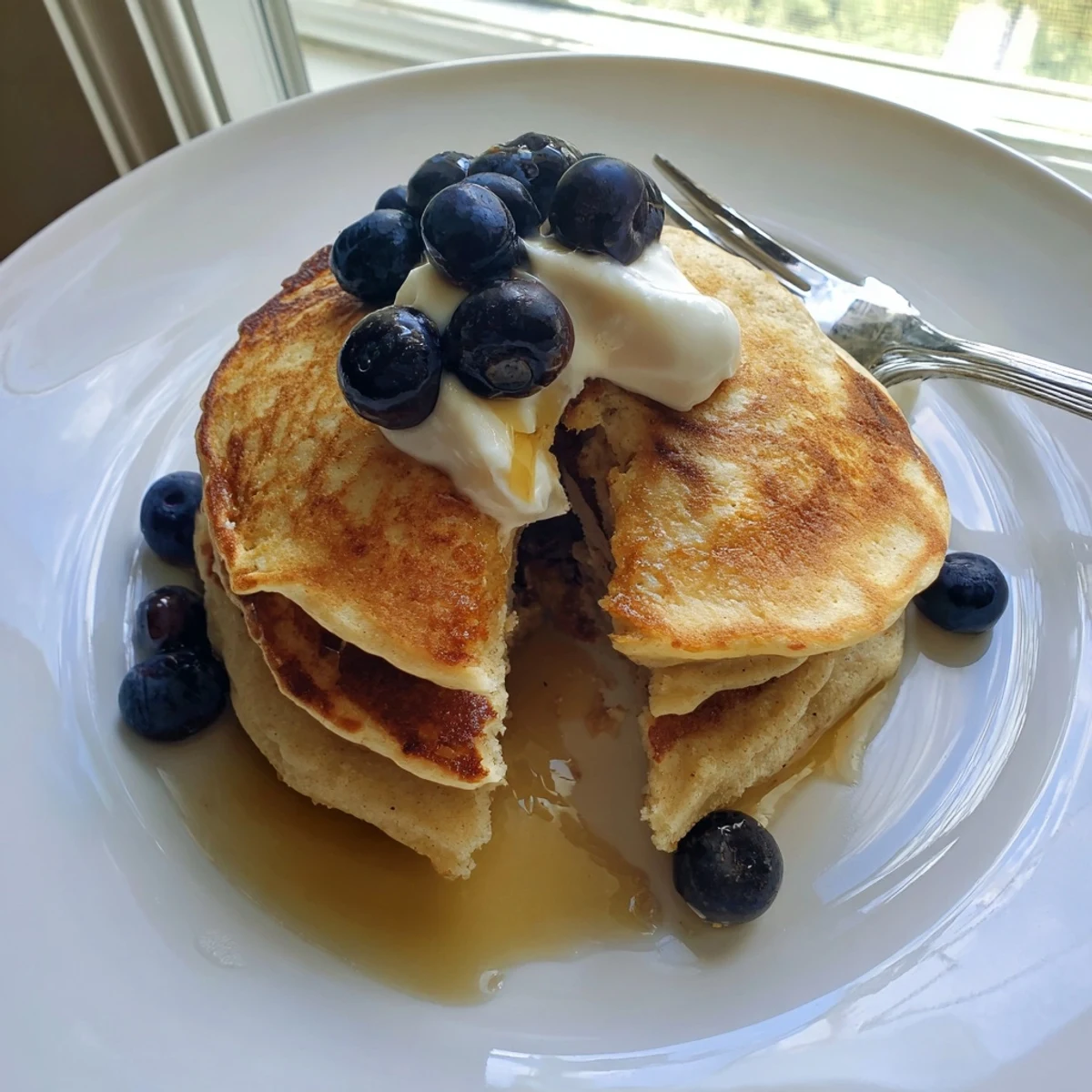 A stack of fluffy Cottage Cheese Pancakes drizzled with maple syrup and topped with fresh berries.  