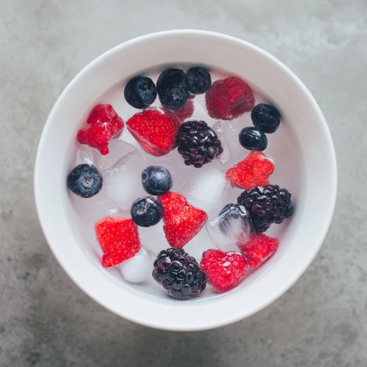A close-up of Nature's Cereal Bowl reveals juicy berries and ice cubes submerged in refreshing, antioxidant-rich coconut water.