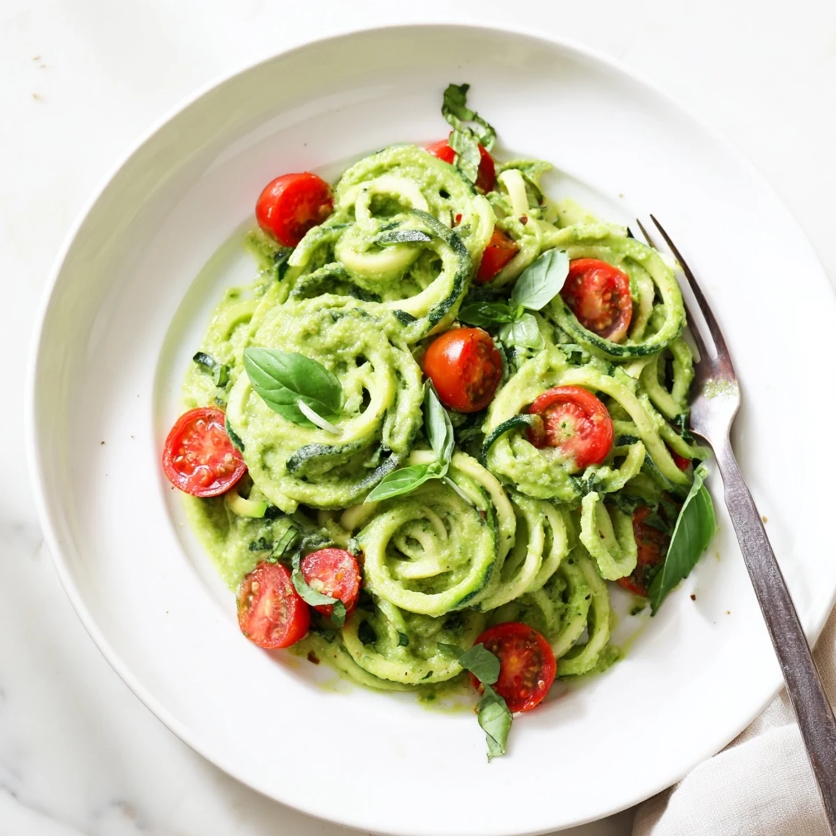 Sautéed zoodles tossed in a rich avocado pesto, garnished with halved cherry tomatoes and black pepper for a light dinner.