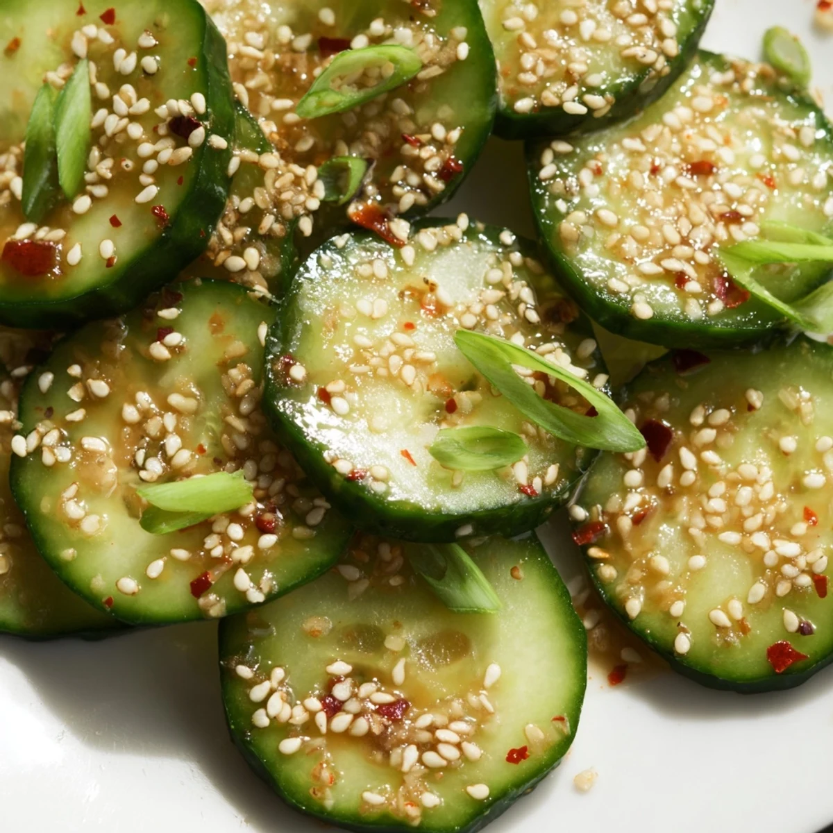 Freshly prepared Shake Shake Garlic Cucumbers garnished with green onions and sesame seeds, perfect for a quick and crunchy side dish.