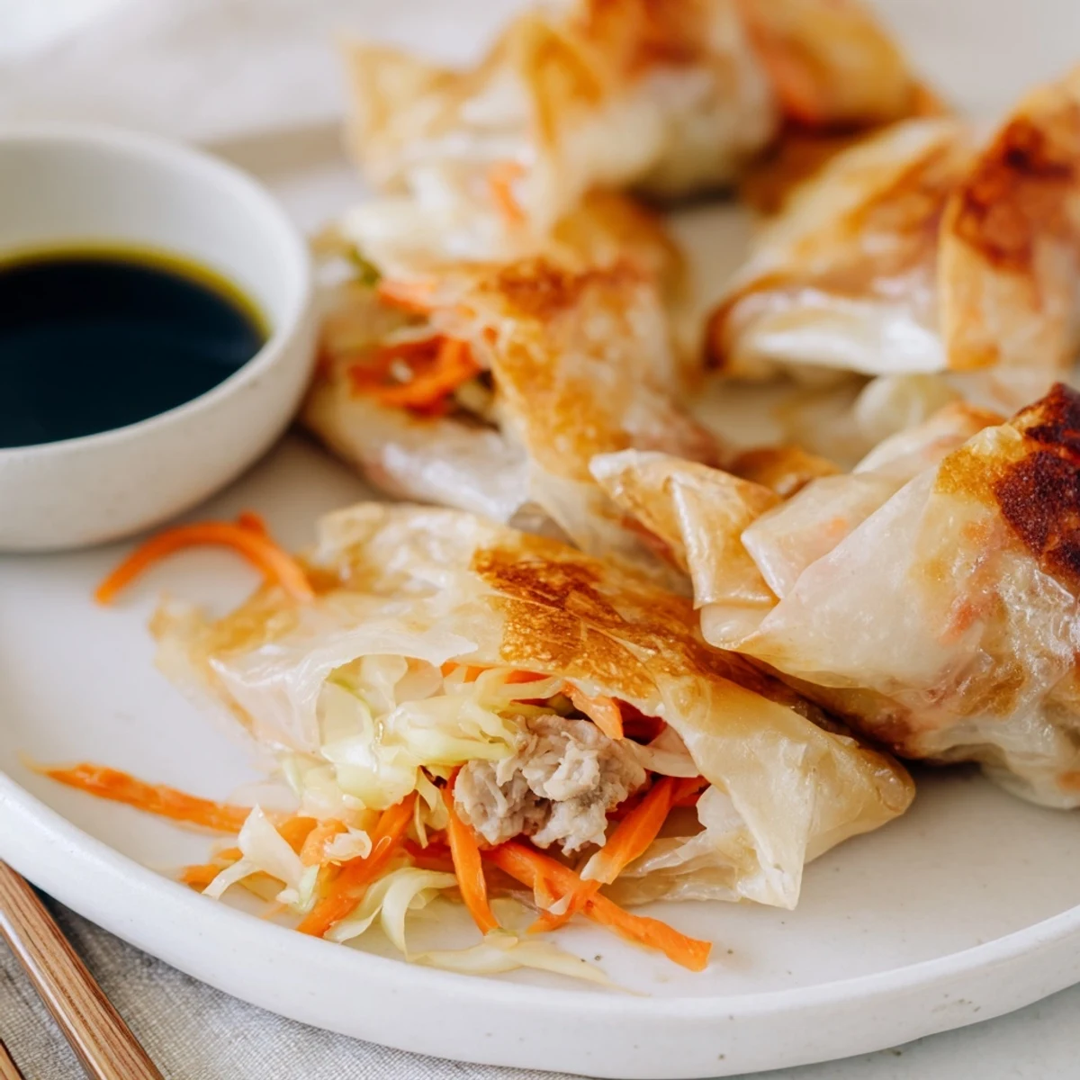 Steaming Crispy Rice Paper Dumplings with a delicate filling of shredded cabbage and carrots, perfect for an easy appetizer.  
