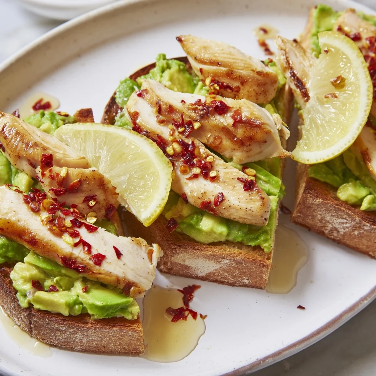 Grilled chicken over creamy smashed avocado on golden sourdough toast with chili flakes and honey drizzle.