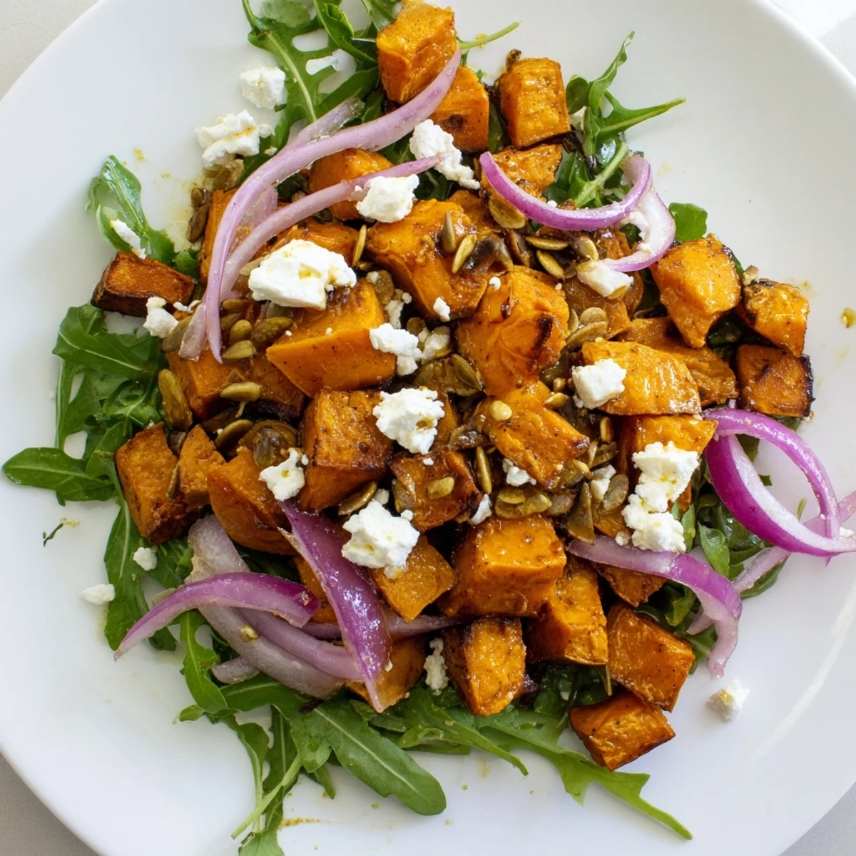 Roasted Sweet Potato Salad with caramelized sweet potatoes, peppery arugula, and creamy feta on a white plate.  