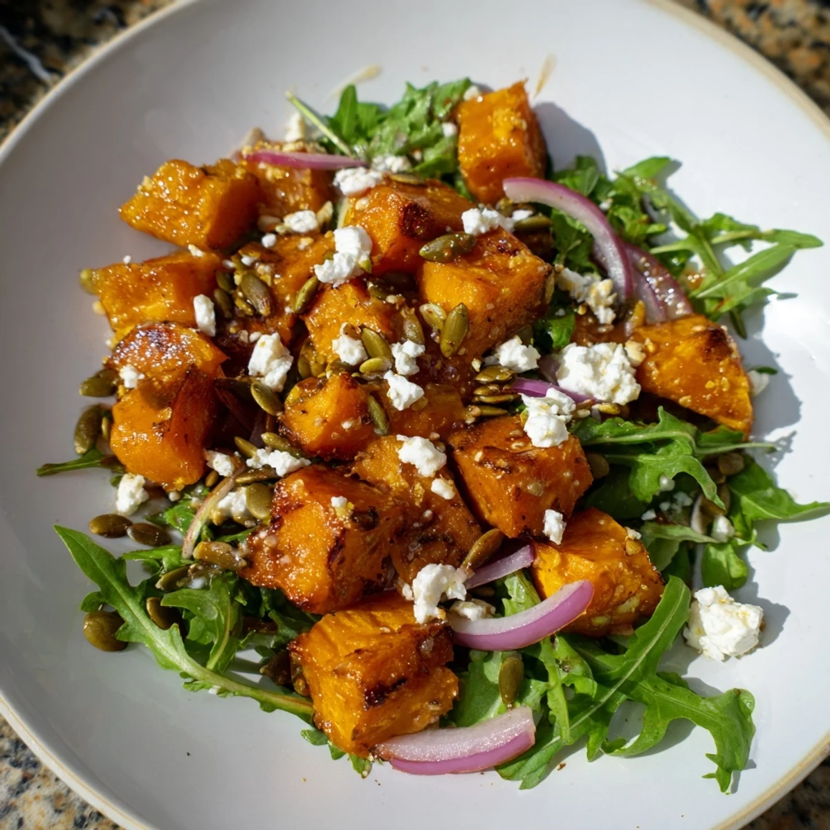 A colorful Roasted Sweet Potato Salad is served with a honey-lime dressing and toasted pumpkin seeds for crunch.