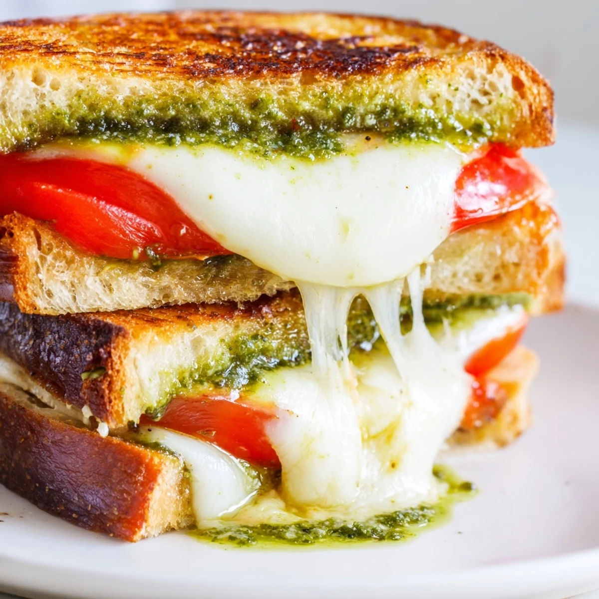 A close-up of a toasted Caprese Pesto Grilled Cheese reveals vibrant tomatoes and melted cheese.