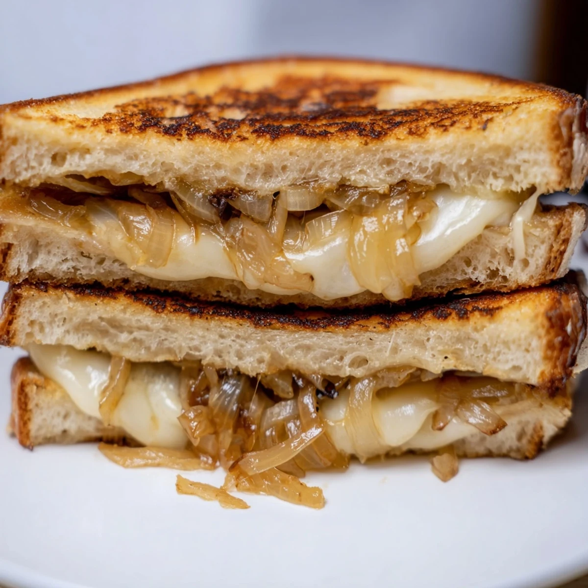 A close-up of a warm Caramelized Onion Grilled Cheese, showcasing sweet jammy onions and crispy, toasted bread edges.