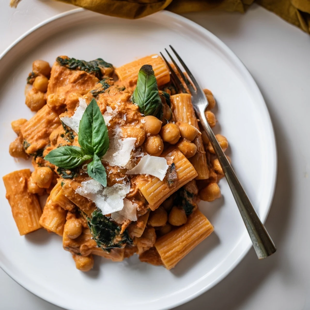 Creamy Tuscan Chickpea Pasta in a skillet, featuring tender chickpeas and fresh spinach in a rich, creamy tomato sauce.