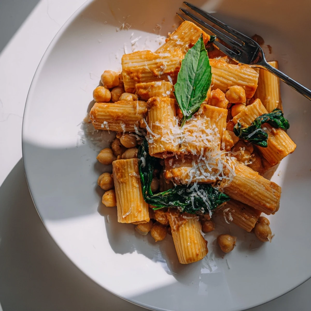 Overhead view of Creamy Tuscan Chickpea Pasta, garnished with fresh basil and grated Parmesan, ready to serve.