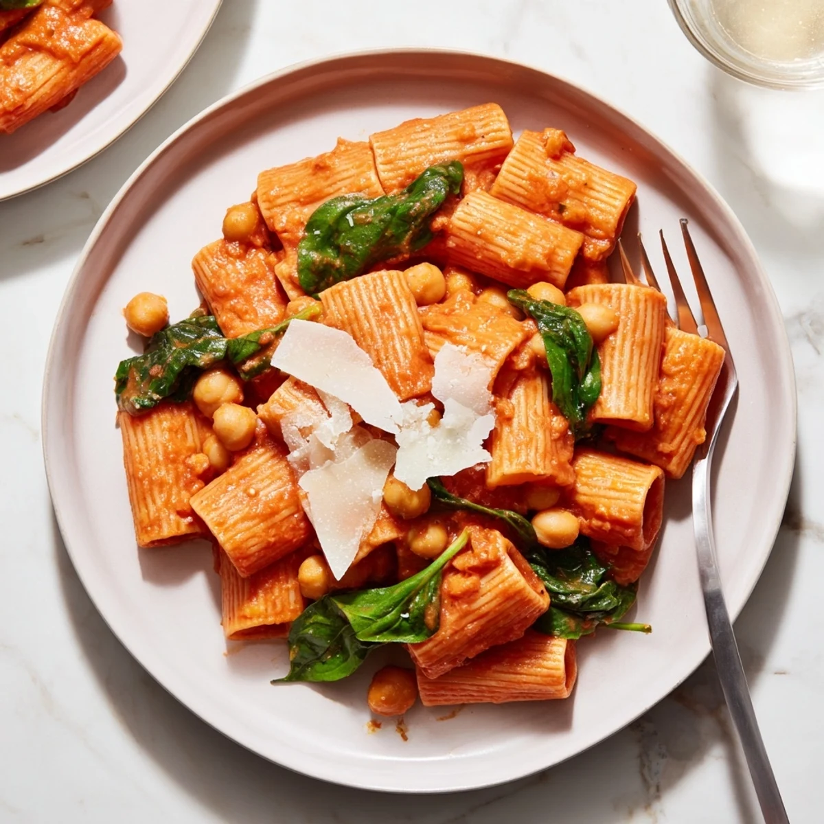 A comforting bowl of Creamy Tuscan Chickpea Pasta, highlighting al dente noodles and a vibrant, herb-speckled sauce.