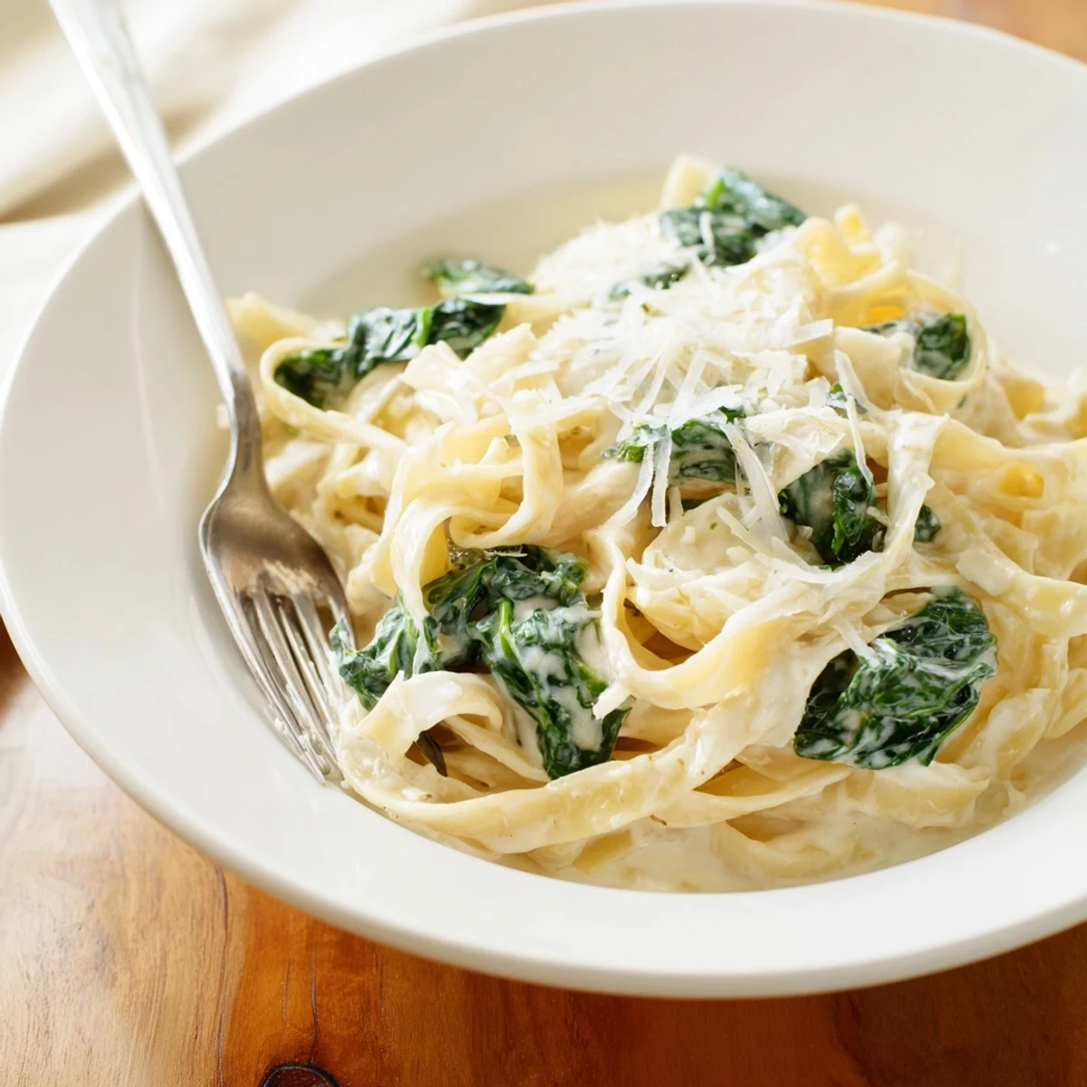 Steaming bowl of creamy garlic spinach pasta topped with fresh parsley and extra grated Parmesan, ready for a weeknight dinner.  