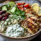 Fresh dill, briny Kalamata olives, and lemon wedges garnish this colorful Greek Chicken Bowl.
