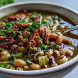 A warm bowl of Classic New Years Black-Eyed Peas topped with parsley, served alongside fluffy white rice.