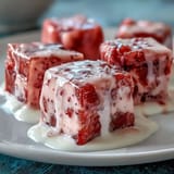 Vibrant strawberry rose gelatin mosaic cake, shimmering beautifully in a clear mold.