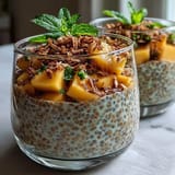 Tropical chia pudding topped with juicy mango and toasted coconut, perfect for breakfast or dessert.  