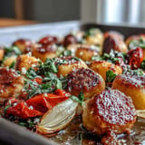 Easy sheet pan dinner featuring crispy gnocchi, juicy sausage slices, and sweet roasted peppers tossed with Parmesan cheese.  