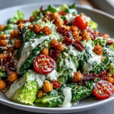 Vibrant vegan Caesar salad with crispy chickpea croutons and creamy dressing.