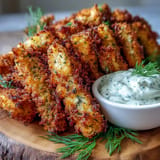 Golden, tangy pickle fries from the air fryer, ideal with creamy sriracha mayo.