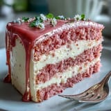 Close-up of Bridal Shower Rosé Velvet Cake, layered with pink frosting and gold shimmer.