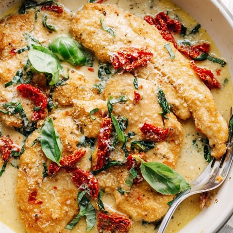 Creamy Garlic Butter Tuscan Chicken recipe: golden chicken in creamy tomato-spinach sauce.